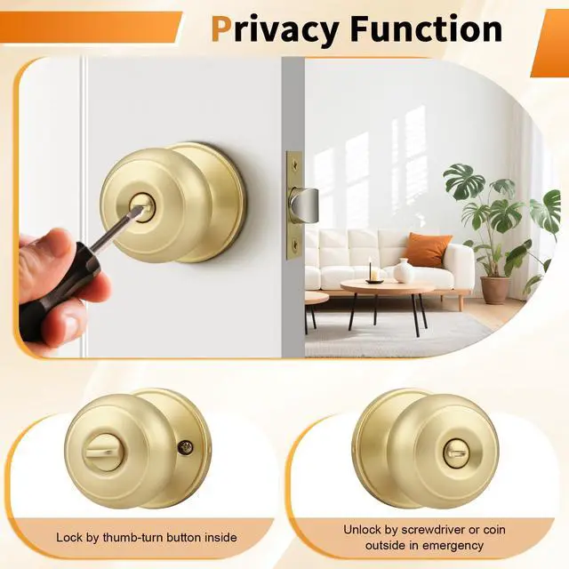 Alt view image 4 of 7 - Brushed Brass Door Knobs for Bedroom Bathroom, Interior Door Knob with Round Ball, Gold Privacy Door Knob, 6 Pack