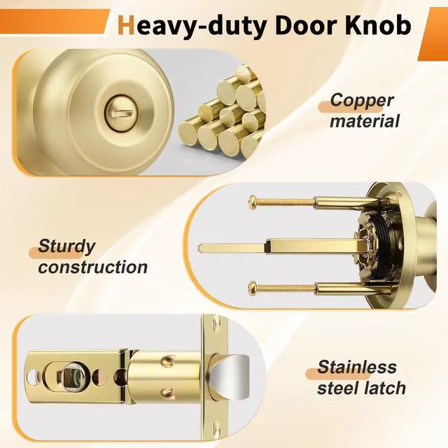 Alt view image 3 of 7 - Brushed Brass Door Knobs for Bedroom Bathroom, Interior Door Knob with Round Ball, Gold Privacy Door Knob, 6 Pack