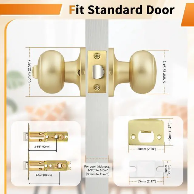 Alt view image 5 of 7 - Brushed Brass Door Knobs for Bedroom Bathroom, Interior Door Knob with Round Ball, Gold Privacy Door Knob, 6 Pack