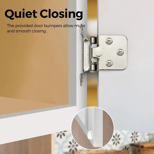 Alt view image 3 of 7 - 30 Pack 15 Pair Brushed Nickel Cabinet Hinges, 1/2" Overlay Kitchen Hinges | Face Mount Hinge Design, Self Closing Action, Door Bumper Included, Kitchen Cabinet Doors and Hardware Restyle, Home Use