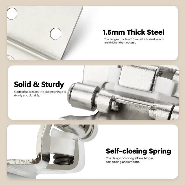 Alt view image 6 of 7 - 30 Pack 15 Pair Brushed Nickel Cabinet Hinges, 1/2" Overlay Kitchen Hinges | Face Mount Hinge Design, Self Closing Action, Door Bumper Included, Kitchen Cabinet Doors and Hardware Restyle, Home Use