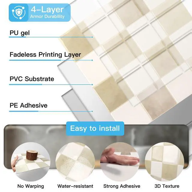 Alt view image 6 of 7 - Grid Peel and Stick Backsplash, 10-Pack, 12 x 12 in, Beige and White | Enhanced Thickness, Strong Adhesion, Moisture Resistant, Long-Lasting, Minimalist Look, DIY Friendly, for Kitchen Countertops