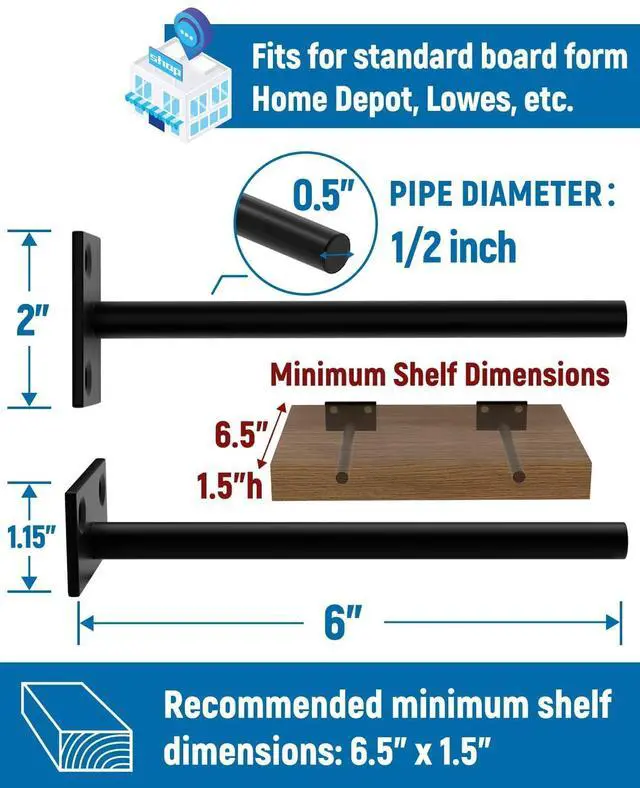 Alt view image 3 of 7 - 12-Pack 6 inch Floating Shelf Brackets, Hidden Shelf Bracket for Wood | Concealed Blind Shelving Support, Invisible Black Brackets for DIY Decorative, Fit for Kitchen, Bathroom,Study Room