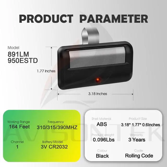 Alt view image 7 of 7 - 2-Pack 950ESTD Universal Chamberlain Garage Door Opener Remote | FCC Certified Compatible with 953ESTD 953EV 953EVC 953EV-P2 G953EV-P2 956EV 950CD 953CD 950CB 953CB