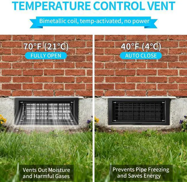 Alt view image 5 of 7 - Crawl Space Foundation Vent Cover Automatic 8x16 Inch, Black 1 Pack | Auto Open/Close at 40°F-70°F, Freeze Protection & Energy Saving, DIY Replacement for House, Mobile Home & Skirting, Plastic