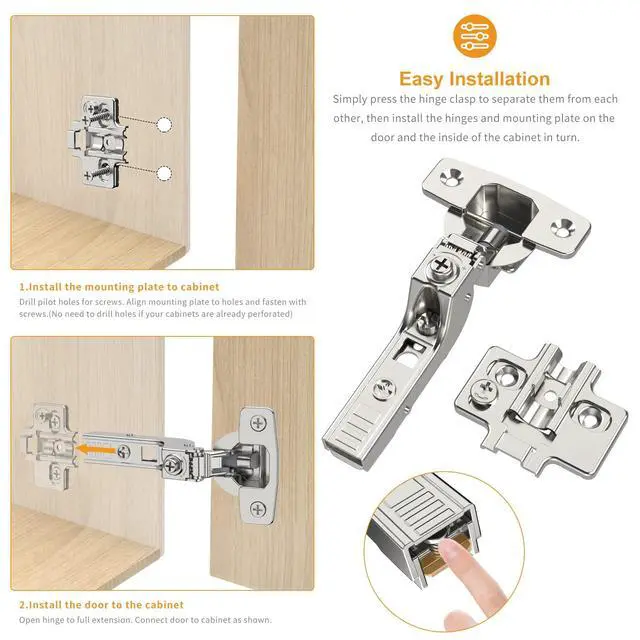 Alt view image 5 of 7 - 10 Pack Frameless Inset Soft Close Concealed European Hinges, Self Closing Satin Nickel, 105 ° Open Angle 4D Adjustment, Speed Control, Clip On, Stainless Steel for Cabinet Door