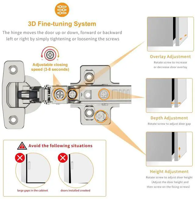 Alt view image 3 of 7 - 10 Pack Frameless Inset Soft Close Concealed European Hinges, Self Closing Satin Nickel, 105 ° Open Angle 4D Adjustment, Speed Control, Clip On, Stainless Steel for Cabinet Door