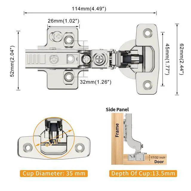 Alt view image 6 of 7 - 10 Pack Frameless Inset Soft Close Concealed European Hinges, Self Closing Satin Nickel, 105 ° Open Angle 4D Adjustment, Speed Control, Clip On, Stainless Steel for Cabinet Door