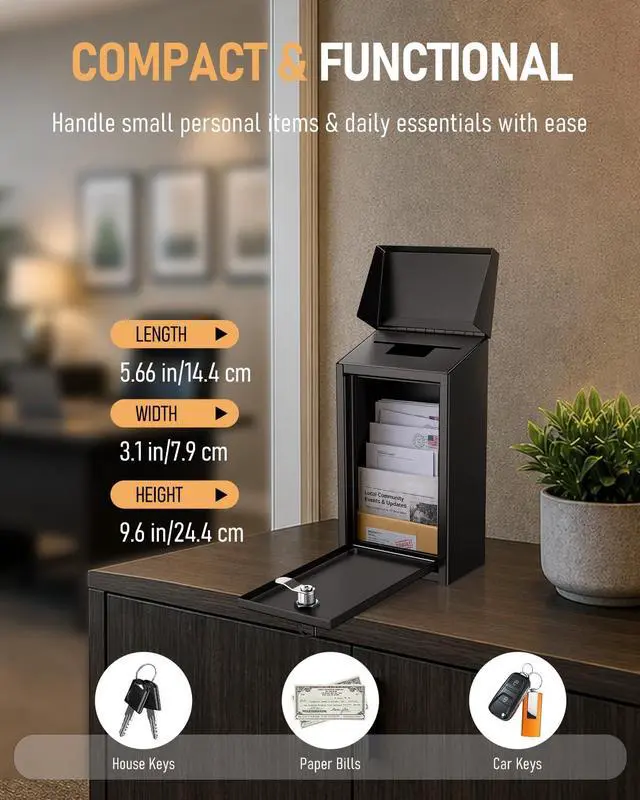 Alt view image 2 of 7 - Black Metal Donation Box, Wall Mounted Mailbox for Outside | Safe Suggestion Box with Key Lock, Steel Key Drop Box with Top Slot, Cash Box for Home Office and Business