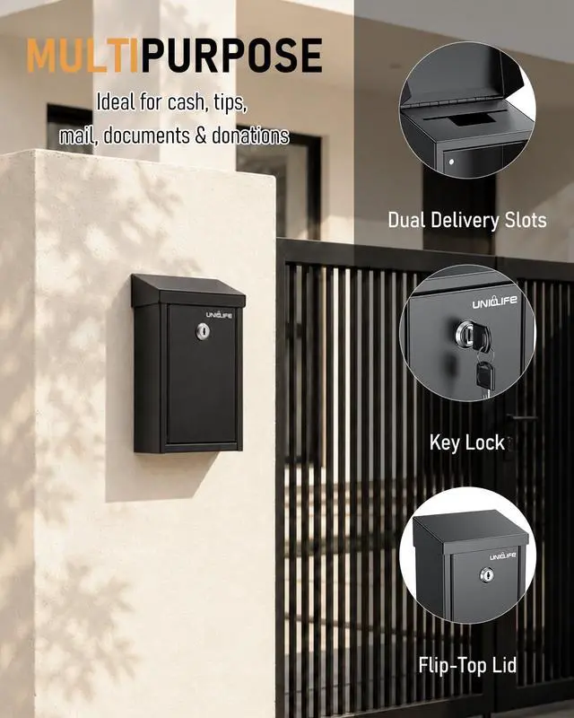Alt view image 4 of 7 - Black Metal Donation Box, Wall Mounted Mailbox for Outside | Safe Suggestion Box with Key Lock, Steel Key Drop Box with Top Slot, Cash Box for Home Office and Business