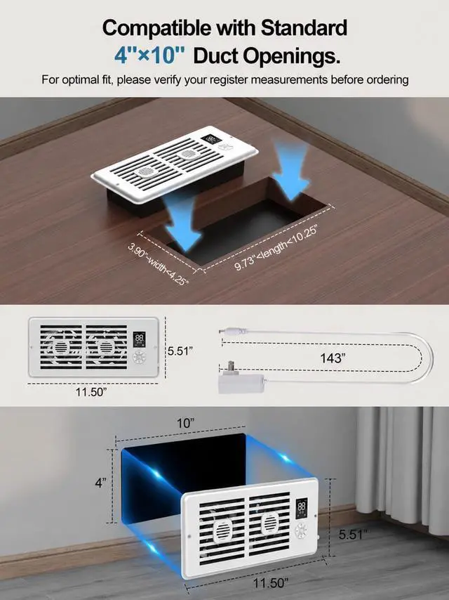 Alt view image 5 of 6 - Quiet Register Booster Fan; for Floor/Wall Registers, 4" x 10" Smart Vent Fan Booster with Auto Thermostat Temperature Control, HVAC Air Vent Fan, Adjustable Speeds, Aromatherapy