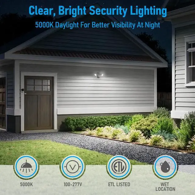Alt view image 4 of 7 - Motion Sensor Security Lights Dusk to Dawn IP65 5000K White | COB LED Motion Detector Flood Light Outdoor, 100-277V, ETL Listed, Adjustable Heads, Aluminum, Waterproof, Daylight