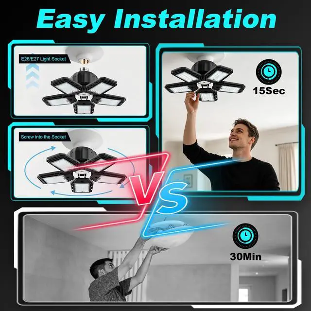 Alt view image 4 of 7 - LED Garage Lights 2 Pack, 180W 18000LM 6500K Ceiling LED Shop Light | Super Bright Led Lighting, 5+1 Deformable Panels, Screw in Led Light, For Garage Workshop Basement Support E26/E27 Socket