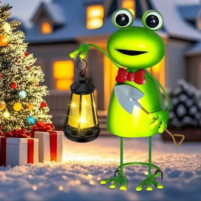 Alt view image 2 of 7 - Solar Garden Lights 13.78in Tall Metal Frog Statue with Solar Lantern Decor | Big Frog decor,Birthday Gifts for Women Mom,Fairy Garden Accessories Decorative Stakes for Home decor,Patio,Porch,Yard Art