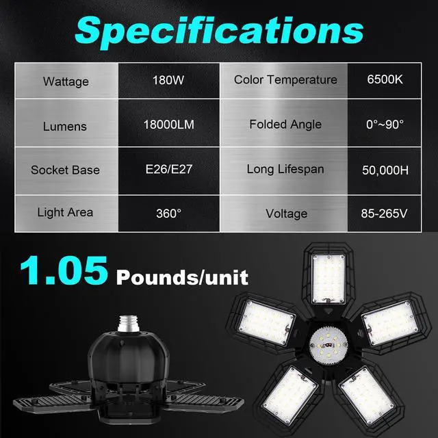 Alt view image 7 of 7 - LED Garage Lights 2 Pack, 180W 18000LM 6500K Ceiling LED Shop Light | Super Bright Led Lighting, 5+1 Deformable Panels, Screw in Led Light, For Garage Workshop Basement Support E26/E27 Socket