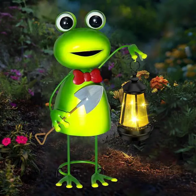 Alt view image 3 of 7 - Solar Garden Lights 13.78in Tall Metal Frog Statue with Solar Lantern Decor | Big Frog decor,Birthday Gifts for Women Mom,Fairy Garden Accessories Decorative Stakes for Home decor,Patio,Porch,Yard Art