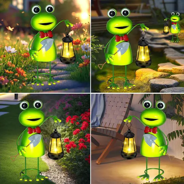 Alt view image 5 of 7 - Solar Garden Lights 13.78in Tall Metal Frog Statue with Solar Lantern Decor | Big Frog decor,Birthday Gifts for Women Mom,Fairy Garden Accessories Decorative Stakes for Home decor,Patio,Porch,Yard Art