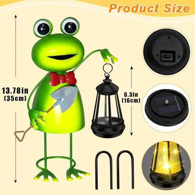 Alt view image 6 of 7 - Solar Garden Lights 13.78in Tall Metal Frog Statue with Solar Lantern Decor | Big Frog decor,Birthday Gifts for Women Mom,Fairy Garden Accessories Decorative Stakes for Home decor,Patio,Porch,Yard Art
