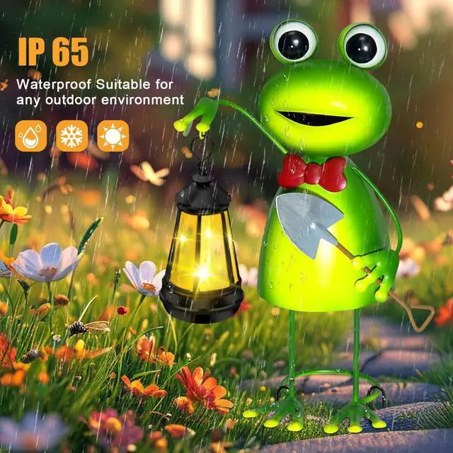 Alt view image 7 of 7 - Solar Garden Lights 13.78in Tall Metal Frog Statue with Solar Lantern Decor | Big Frog decor,Birthday Gifts for Women Mom,Fairy Garden Accessories Decorative Stakes for Home decor,Patio,Porch,Yard Art