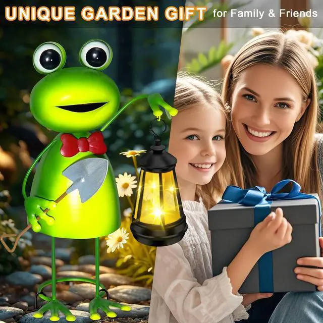 Alt view image 4 of 7 - Solar Garden Lights 13.78in Tall Metal Frog Statue with Solar Lantern Decor | Big Frog decor,Birthday Gifts for Women Mom,Fairy Garden Accessories Decorative Stakes for Home decor,Patio,Porch,Yard Art