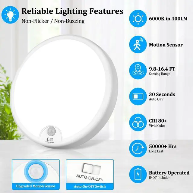 Alt view image 3 of 7 - Battery Operated Motion Sensor Light Indoor, 400LM Wireless Ceiling Light | 7.2" 6000K Motion Sensored Activated Battery Powered Lights for Closet Stair Laundry Auto On/Off 2Pack(Battery Not Included)