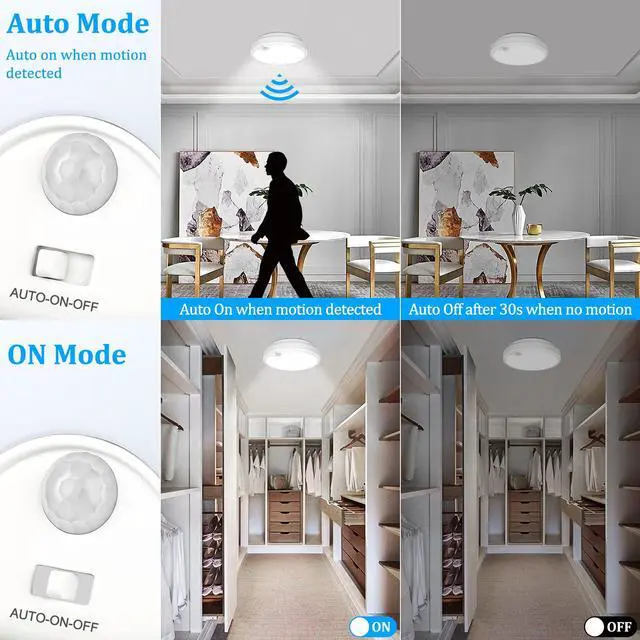 Alt view image 2 of 7 - Battery Operated Motion Sensor Light Indoor, 400LM Wireless Ceiling Light | 7.2" 6000K Motion Sensored Activated Battery Powered Lights for Closet Stair Laundry Auto On/Off 2Pack(Battery Not Included)