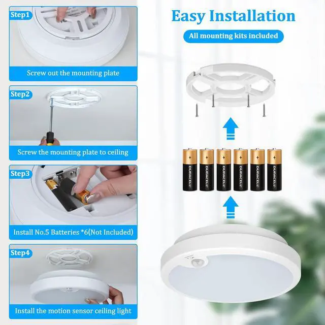 Alt view image 6 of 7 - Battery Operated Motion Sensor Light Indoor, 400LM Wireless Ceiling Light | 7.2" 6000K Motion Sensored Activated Battery Powered Lights for Closet Stair Laundry Auto On/Off 2Pack(Battery Not Included)