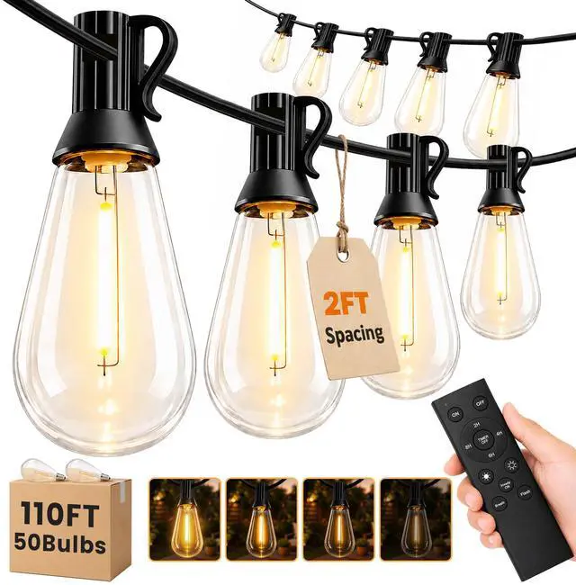 Main image of 110FT(100+10) Outdoor LED String Lights with 2FT Bulb Spacing, Waterproof, Shatterproof, Dimmable, Warm White, 3 Lighting Modes, Timer, Plug in Hanging Backyard Lights for Outside, Patio