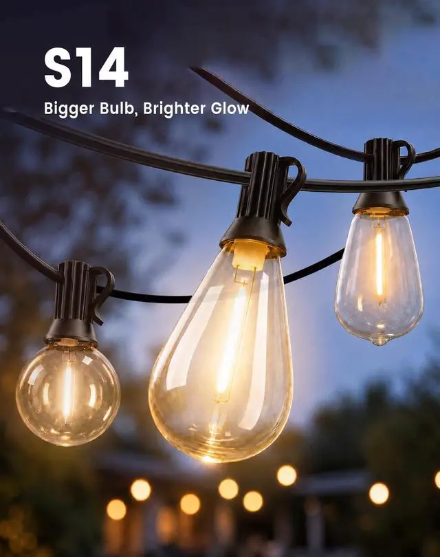 Alt view image 5 of 7 - 110FT(100+10) Outdoor LED String Lights with 2FT Bulb Spacing, Waterproof, Shatterproof, Dimmable, Warm White, 3 Lighting Modes, Timer, Plug in Hanging Backyard Lights for Outside, Patio