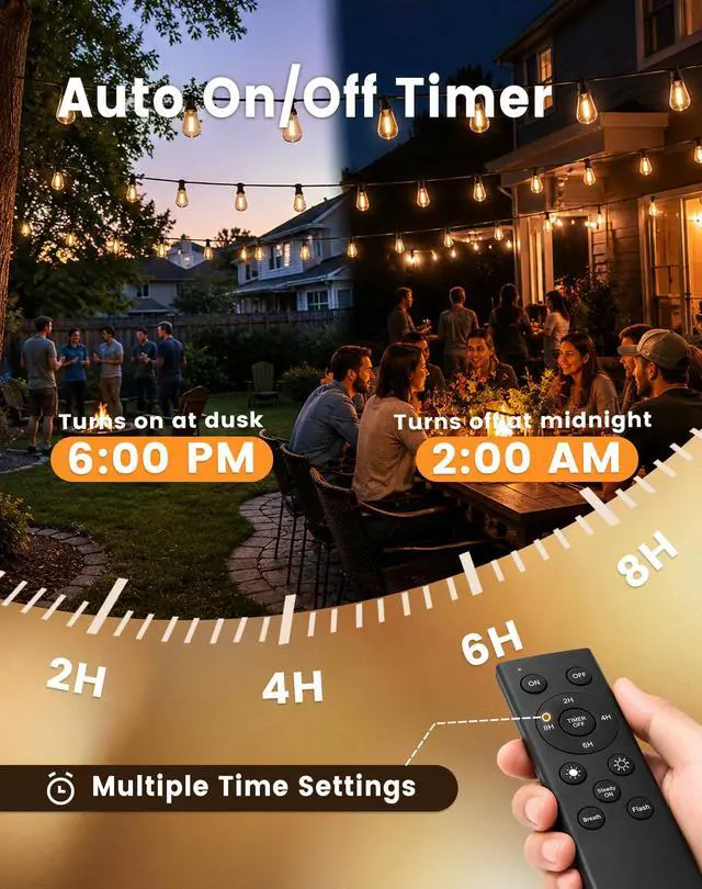Alt view image 4 of 7 - 110FT(100+10) Outdoor LED String Lights with 2FT Bulb Spacing, Waterproof, Shatterproof, Dimmable, Warm White, 3 Lighting Modes, Timer, Plug in Hanging Backyard Lights for Outside, Patio