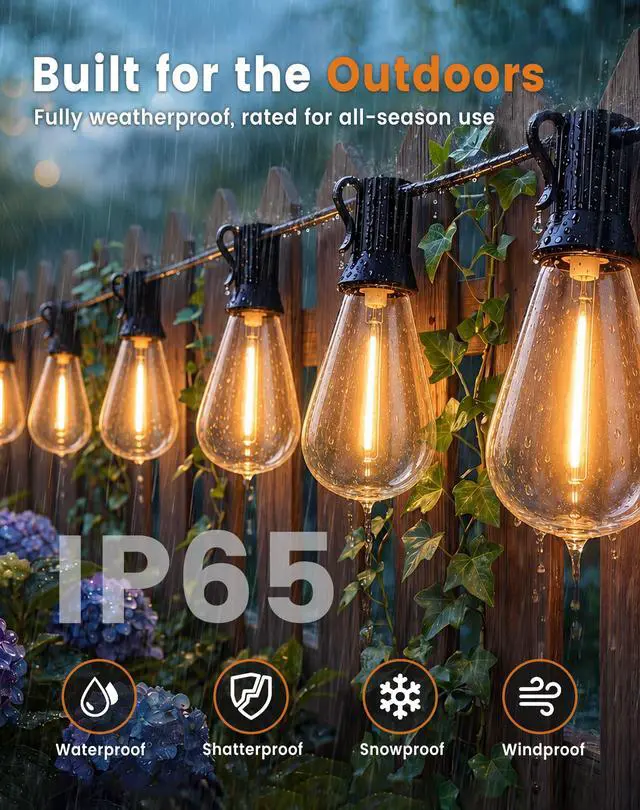 Alt view image 4 of 7 - Outdoor String Lights 110FT(100+10) Waterproof, 50 LED S14 Shatterproof Edison Bulbs, 2FT Spacing, Extension Cord, Connectable Plug in Hanging Patio Lights for Outside, Backyard, Warm White