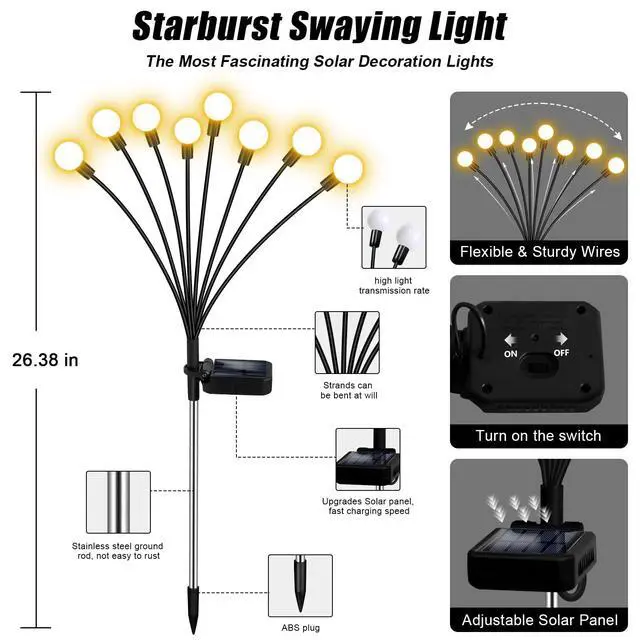 Alt view image 4 of 7 - Solar Garden Lights 4 Pack of 32 LEDs Swaying Firefly Garden Decor | Waterproof Solar Outdoor Lights for Yard Pathway Patio, Swaying Lawn Decor as Gardening Gifts for Women,Christmas Decor
