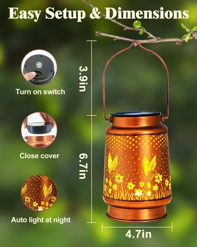 Alt view image 4 of 7 - Birthday Gifts for Women, Solar Lanterns, Hummingbird, 1 Pack | Solar Lanterns Outdoor Waterproof, Metal Hanging Lights, IP65 Waterproof, LED Decorative Lantern, Garden Decor, Gifts for Mom