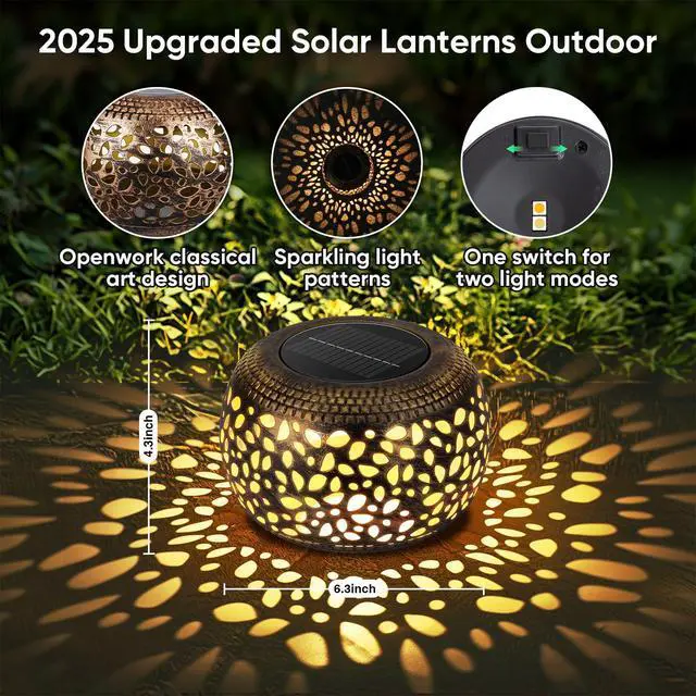 Alt view image 3 of 7 - Solar Lanterns Waterproof Outdoor Decor: 2 Pack Hollow Out Retro Metal Solar Lights - Unique Gardening Gifts for Women Mom - Outside Garden Yard Patio Porch Tabletop Decorations 2 Lighting Colors