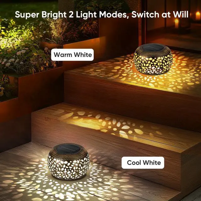 Alt view image 4 of 7 - Solar Lanterns Waterproof Outdoor Decor: 2 Pack Hollow Out Retro Metal Solar Lights - Unique Gardening Gifts for Women Mom - Outside Garden Yard Patio Porch Tabletop Decorations 2 Lighting Colors