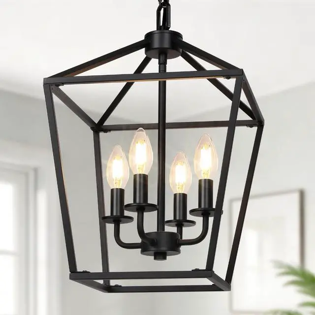 Main image of 4 Light Chandelier, Industrial Ceiling Light Black Lantern Light Fixtures with Farmhouse Metal Cage Adjustable Height Rustic Geometric Hanging Light E12 Base for Kitchen Island, Entryway, Indoor