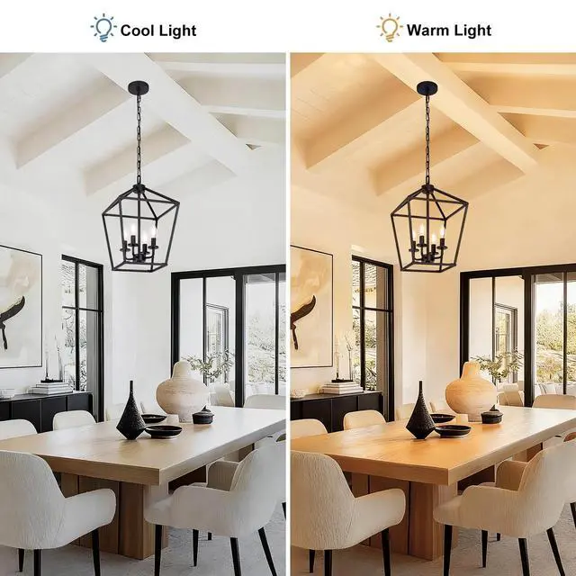 Alt view image 4 of 7 - 4 Light Chandelier, Industrial Ceiling Light Black Lantern Light Fixtures with Farmhouse Metal Cage Adjustable Height Rustic Geometric Hanging Light E12 Base for Kitchen Island, Entryway, Indoor