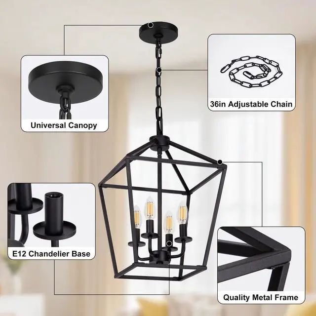 Alt view image 5 of 7 - 4 Light Chandelier, Industrial Ceiling Light Black Lantern Light Fixtures with Farmhouse Metal Cage Adjustable Height Rustic Geometric Hanging Light E12 Base for Kitchen Island, Entryway, Indoor