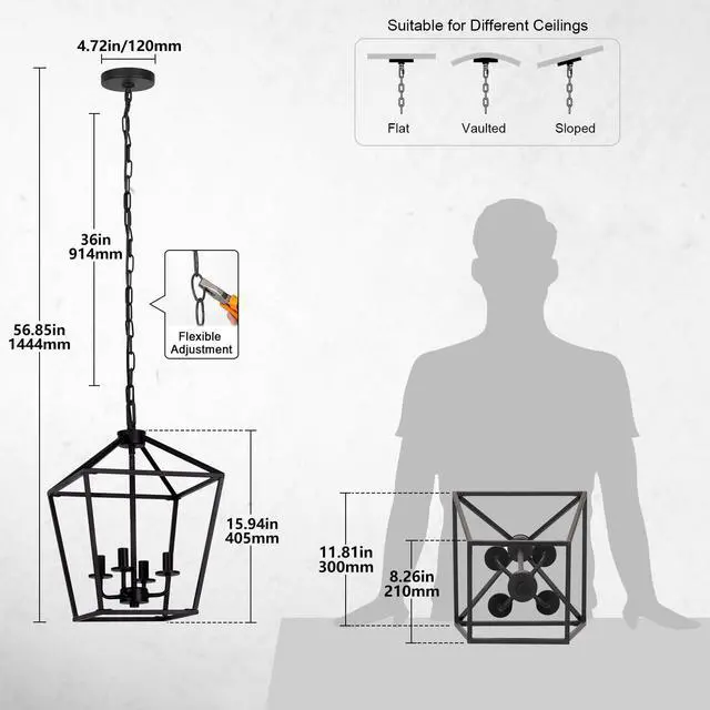 Alt view image 2 of 7 - 4 Light Chandelier, Industrial Ceiling Light Black Lantern Light Fixtures with Farmhouse Metal Cage Adjustable Height Rustic Geometric Hanging Light E12 Base for Kitchen Island, Entryway, Indoor