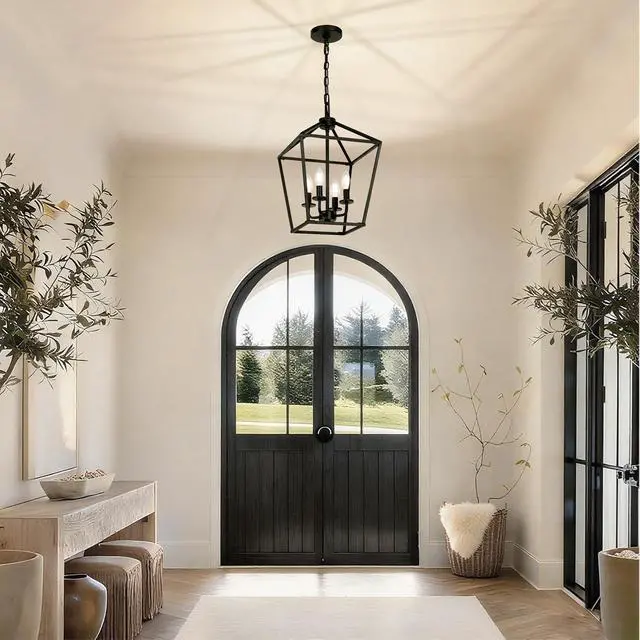 Alt view image 6 of 7 - 4 Light Chandelier, Industrial Ceiling Light Black Lantern Light Fixtures with Farmhouse Metal Cage Adjustable Height Rustic Geometric Hanging Light E12 Base for Kitchen Island, Entryway, Indoor