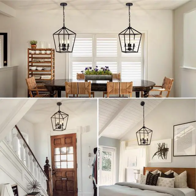 Alt view image 7 of 7 - 4 Light Chandelier, Industrial Ceiling Light Black Lantern Light Fixtures with Farmhouse Metal Cage Adjustable Height Rustic Geometric Hanging Light E12 Base for Kitchen Island, Entryway, Indoor