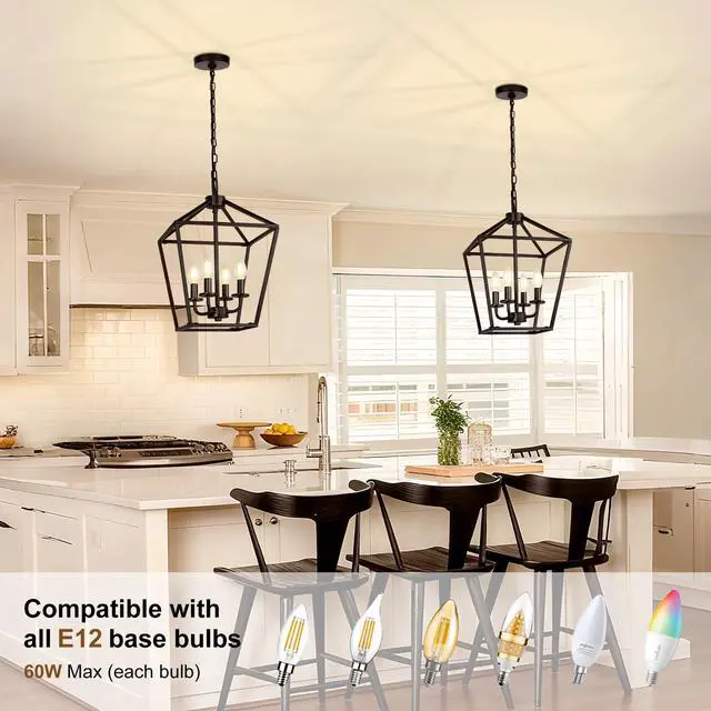 Alt view image 3 of 7 - 4 Light Chandelier, Industrial Ceiling Light Black Lantern Light Fixtures with Farmhouse Metal Cage Adjustable Height Rustic Geometric Hanging Light E12 Base for Kitchen Island, Entryway, Indoor