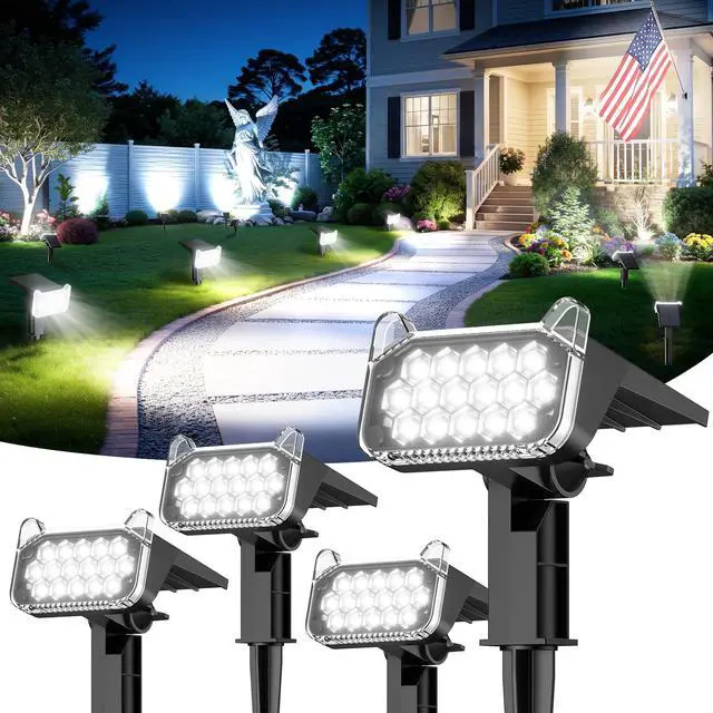 Main image of Solar Spot Lights Outdoor Waterproof IP65, Super Bright LEDs with Lens, 6500K 2 Lighting Modes, 2 in 1 Auto On/Off Solar Powered Spotlights for Yard Flag Landscape Tree, 4 Pack, Cool White