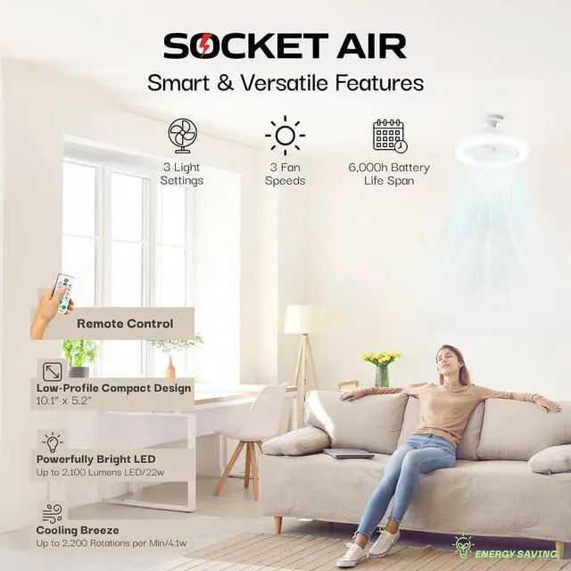 Alt view image 3 of 7 - SocketAir Wireless Ceiling Fan Light with Remote Control, Extender,110-120 Volt, 2100 Lumens, 3 Fan Speeds, 3 Light Settings, 6500K for Living, Dining, Working Space ASON TV