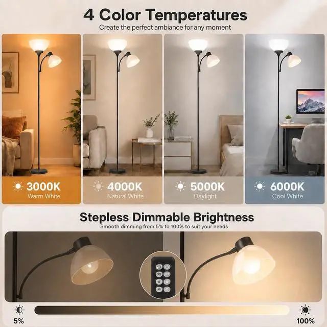 Alt view image 2 of 7 - Led Floor Lamp, Super Bright 11W+7W 2100LM Torchiere Floor Lamps for Living Room, Stepless Adjustable 4 Color Temperatures 3000K-6000K with Remote Control for Bedroom (Matte Black)