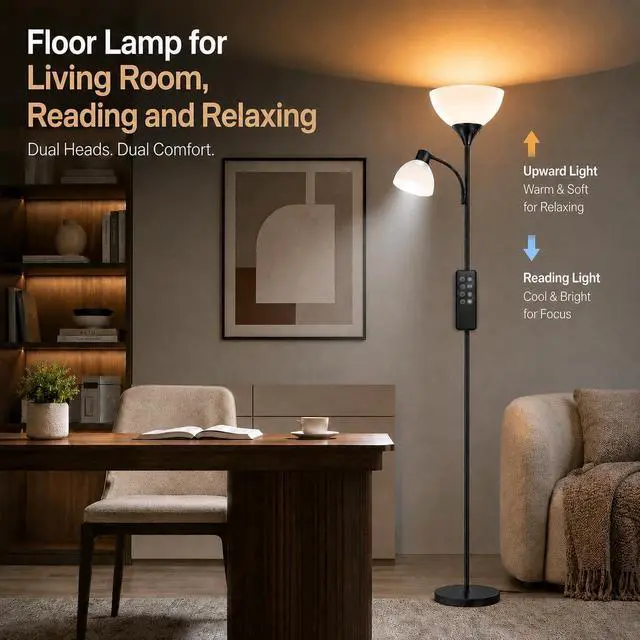 Alt view image 3 of 7 - Led Floor Lamp, Super Bright 11W+7W 2100LM Torchiere Floor Lamps for Living Room, Stepless Adjustable 4 Color Temperatures 3000K-6000K with Remote Control for Bedroom (Matte Black)