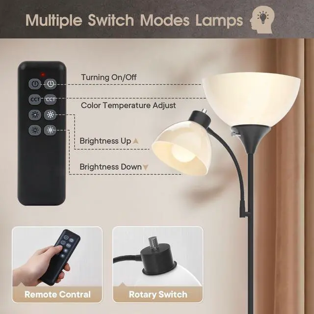 Alt view image 4 of 7 - Led Floor Lamp, Super Bright 11W+7W 2100LM Torchiere Floor Lamps for Living Room, Stepless Adjustable 4 Color Temperatures 3000K-6000K with Remote Control for Bedroom (Matte Black)