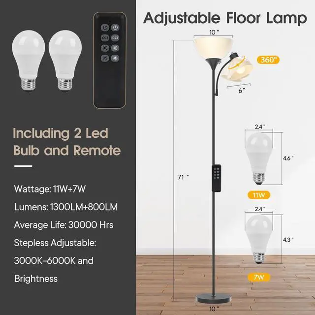 Alt view image 6 of 7 - Led Floor Lamp, Super Bright 11W+7W 2100LM Torchiere Floor Lamps for Living Room, Stepless Adjustable 4 Color Temperatures 3000K-6000K with Remote Control for Bedroom (Matte Black)
