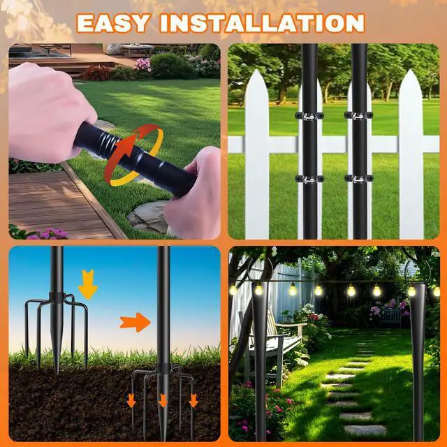 Alt view image 5 of 7 - 4 Pack 10Ft String Light Poles, Metal Poles with Fork for Outside Lights,Outdoor Metal Light Stand with Fence Brackets Hanging Lights for Garden Patio Wedding Backyard