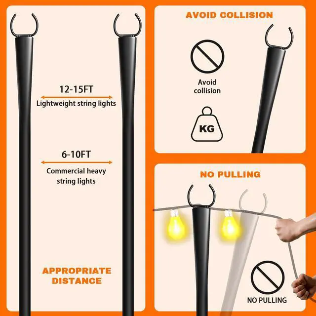 Alt view image 6 of 7 - 4 Pack 10Ft String Light Poles, Metal Poles with Fork for Outside Lights,Outdoor Metal Light Stand with Fence Brackets Hanging Lights for Garden Patio Wedding Backyard